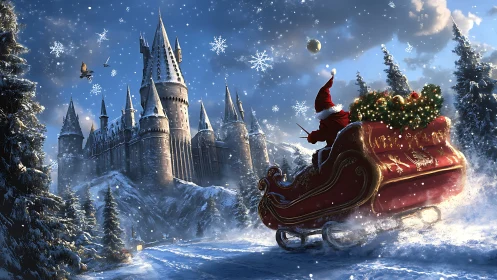 Digital painting of winter castle arrival with festive sleigh.