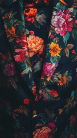 Dark floral blazer with bold multicolored botanical pattern.