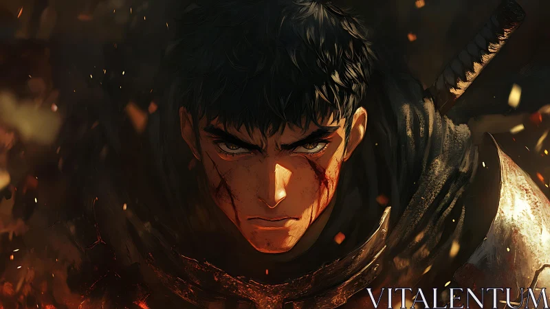 Battle-hardened swordsman emerging through flying embers.