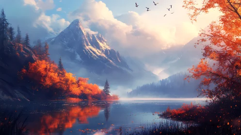 Autumn lake under misty mountains at sunrise glow.