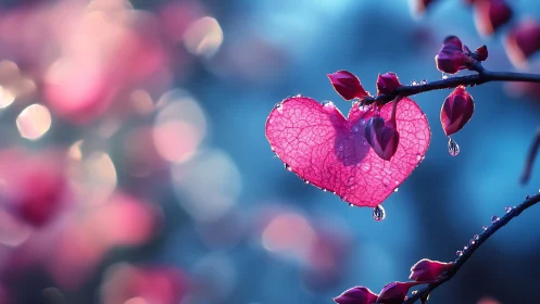 Translucent Heart-Shaped Leaf with Water Droplets against Blue Background.