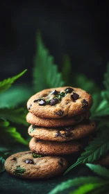 Stack of cannabis chocolate chip cookies on dark leaves.
