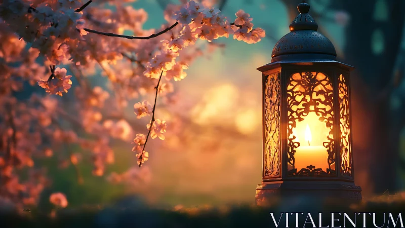 Ornate candle lantern glowing beside soft cherry blossoms.