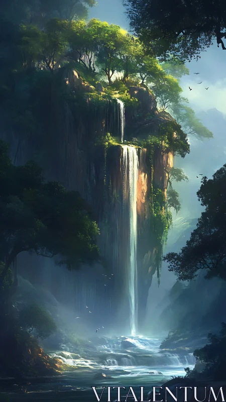 Luminous jungle waterfall cascading from towering cliff.