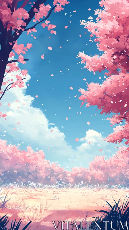 Gentle spring meadow beneath drifting cherry blossoms.