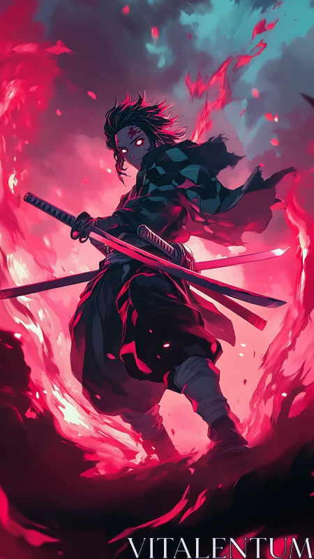 Demonic swordsman ignites crimson flames in dynamic anime stance.