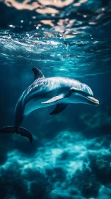 Dolphin swimming in clear blue ocean water, lit from above.
