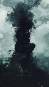 Solitary figure in dark clouds against pale reflective sky.