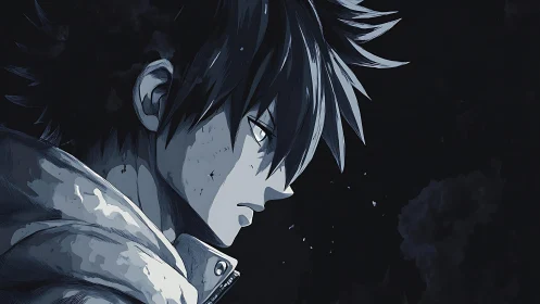 Brooding anime hero gazes into a stormy midnight sky.