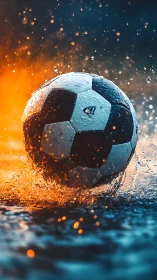Football in mid-splash with contrasting warm and cool lighting.