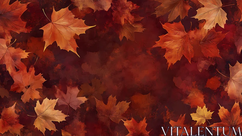 Textured digital maple foliage on deep crimson wash background.