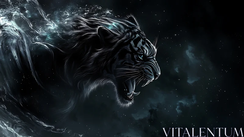 Roaring spectral tiger head emerging from dark space.