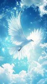 High altitude white dove rendered in luminous backlit clouds