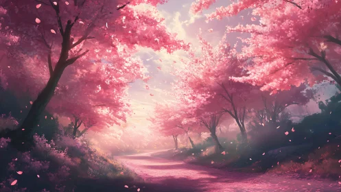 Cherry blossom lined path under diffuse soft daylight.