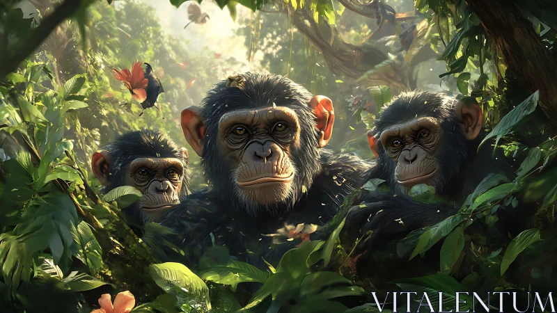 Triad of juvenile chimpanzees rendered in lush jungle light