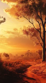 Sunlit dirt trail winds through glowing desert woodland at dusk