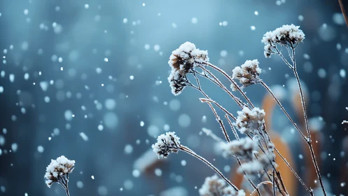 Frost-Laden Seed Heads Against Falling Snow.