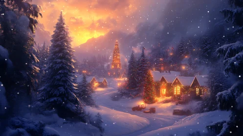 Snow-covered village with illuminated winter cabins at dusk.