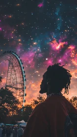 Silhouette near ferris wheel under composite nebula sky.