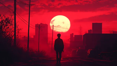 Silhouetted figure under red urban sunset skyscape.