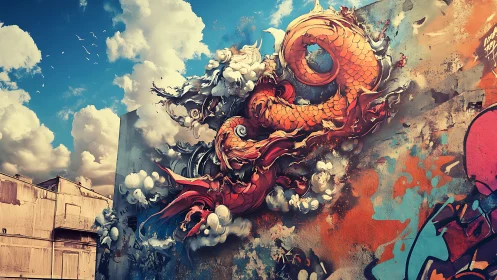 Fiery dragon mural coils across an urban wall under vivid skies