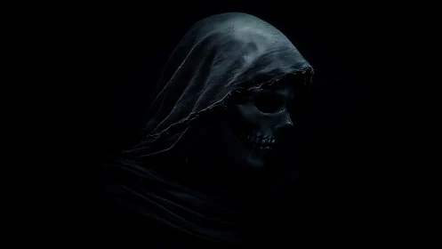Hooded skeletal reaper emerges from deep shadowed darkness.