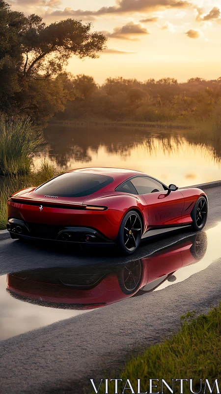 Red grand tourer rendered in photorealistic sunset environment