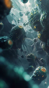 Bioluminescent spores drift through a tangled alien webscape.