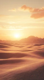 Desert dunes extend toward distant mountains at sunset