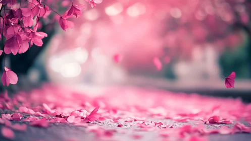 Pink Bougainvillea Bloom with Dappled Bokeh and Fallen Petals