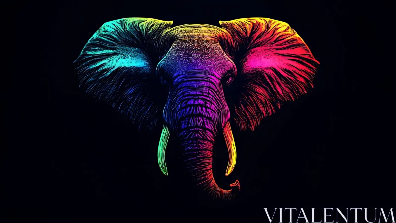 Elephant head illustration shows neon gradient lighting on black