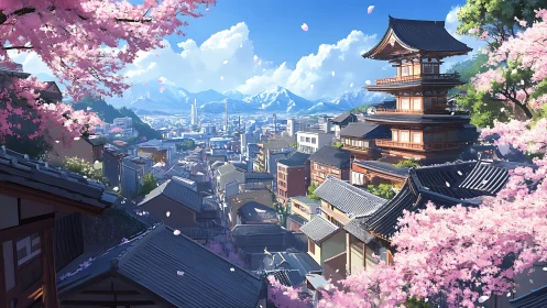Cherry blossom cityscape beneath serene snowcapped guardians.