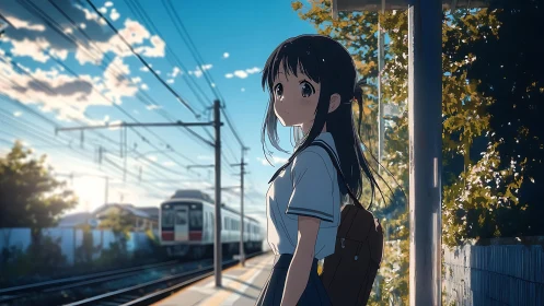 Schoolgirl waits on sunlit platform as commuter train passes