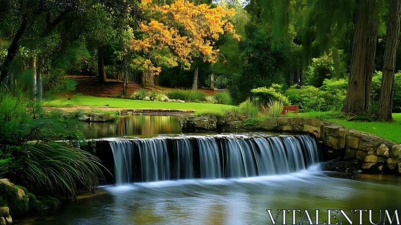 Whispering garden waterfall beneath autumn-kissed canopy.