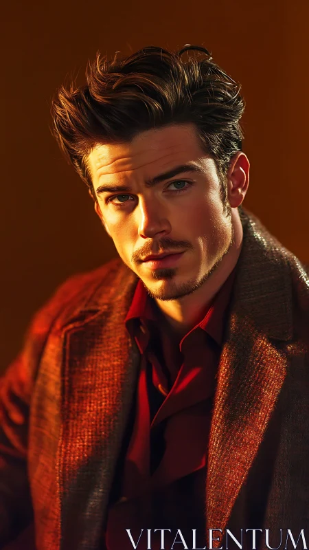 Warmly lit portrait captures a thoughtful man in rich reds