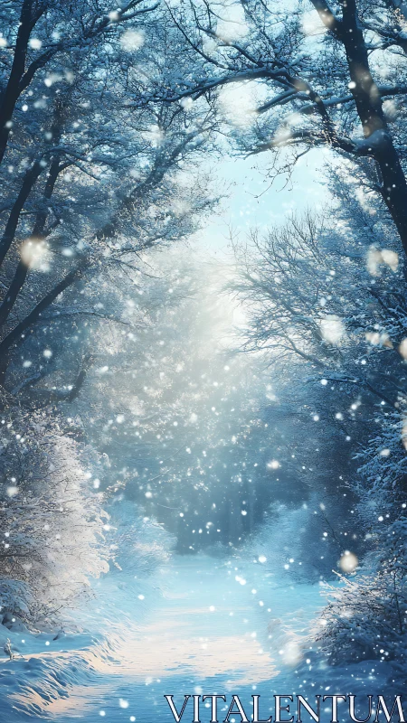 Snowy forest path glows softly beneath a pale winter sunrise