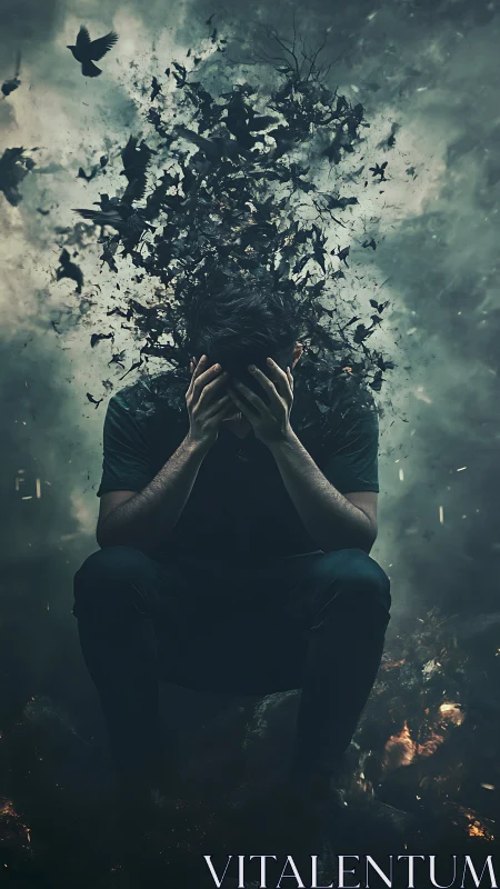 Despairing man erupts into dark birds and shattered fragments