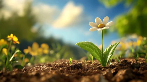 Sunlit daisy hero rising from storybook garden soil.