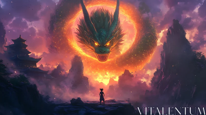 Mythic serpentine dragon vortex over lone warrior at dusk