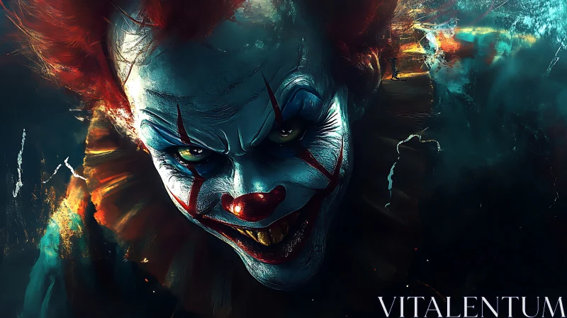 Nightmare carnival jester grins through swirling shadows.