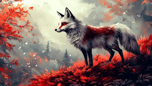 White and red fox in stylized red forest landscape scene.