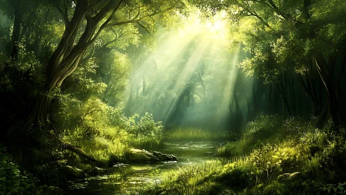 Sunlit forest stream glows softly in a tranquil, misty clearing