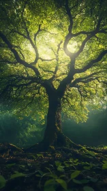 Sunlit forest giant spreads glowing branches in calm air