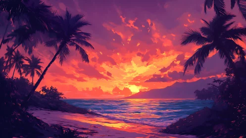 Vibrant tropical sunset ignites a serene palm-lined shore