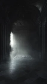 Volumetric light breach in baroque corridor under dense mist.