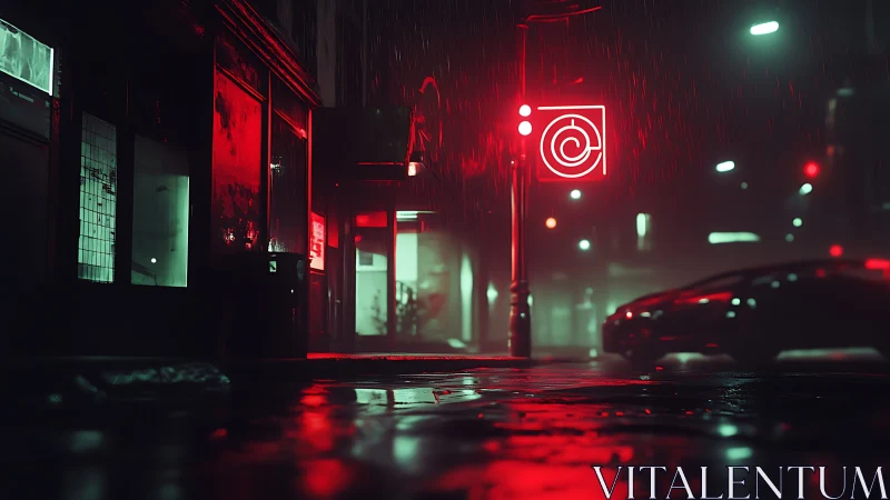 Neon red street glows through rainfall in a moody night city
