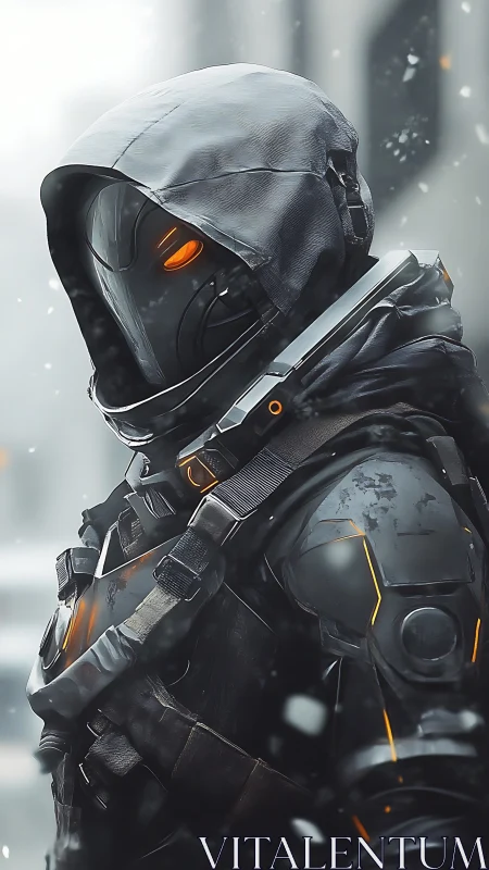 Hooded exosuit operative with orange visor in winter snowfall