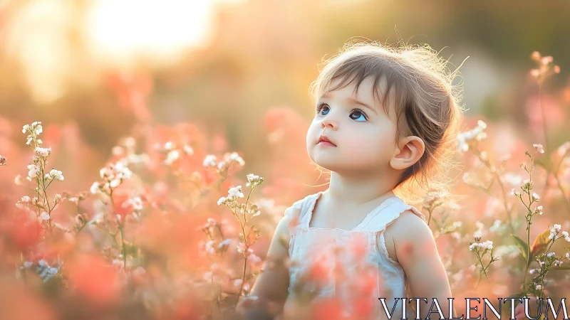 Child in field with flowering plants in backlit environment.