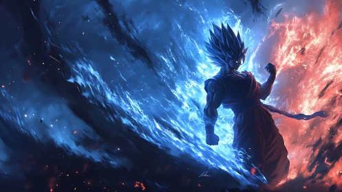 Silhouetted warrior amid blue and red opposing energy fields.