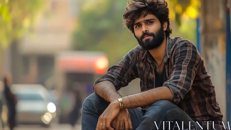 Urban portrait of bearded man in soft golden street light.